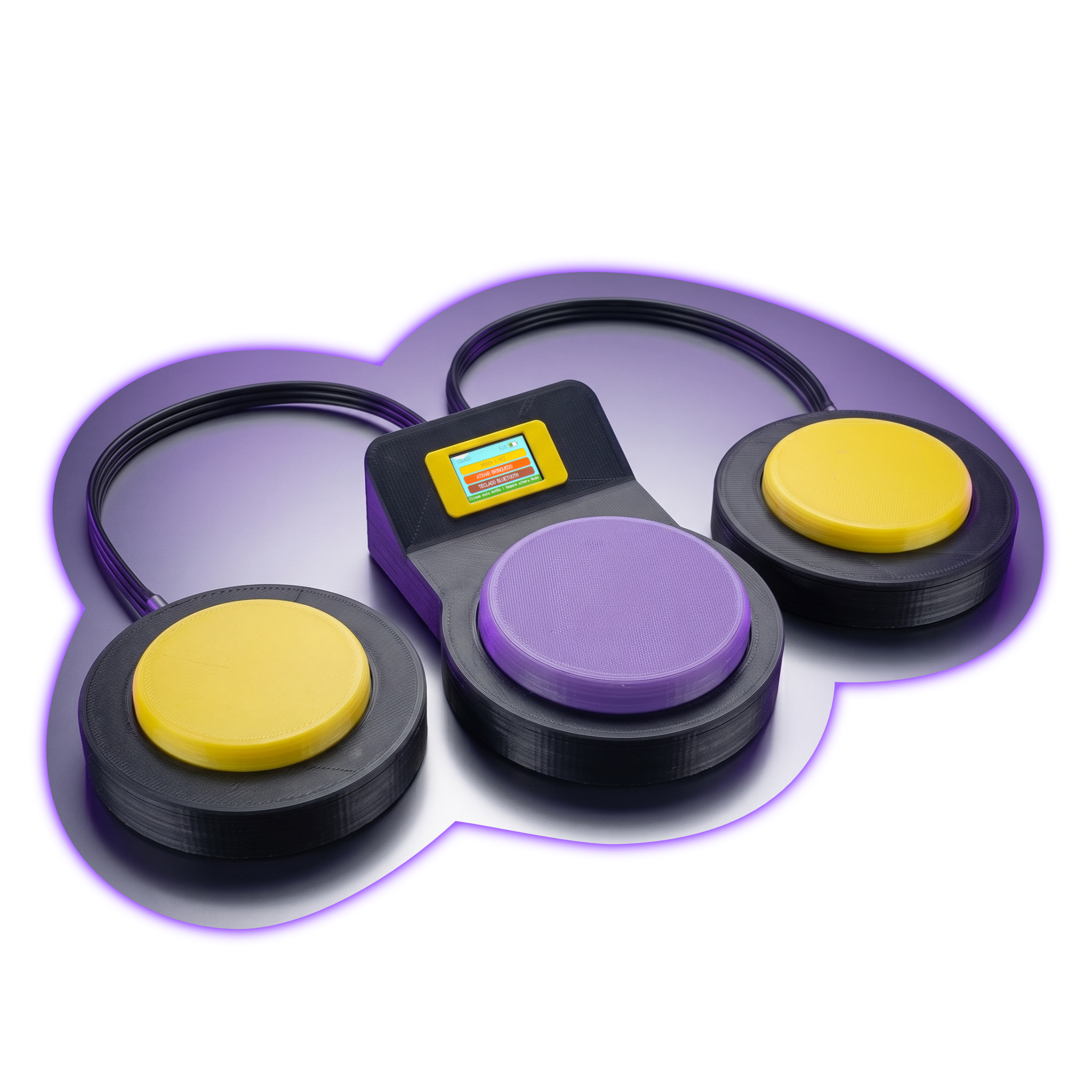 Acionador Inteligente PluriPlay: dois acionadores amarelos e um roxo ligados por cabo à central com visor